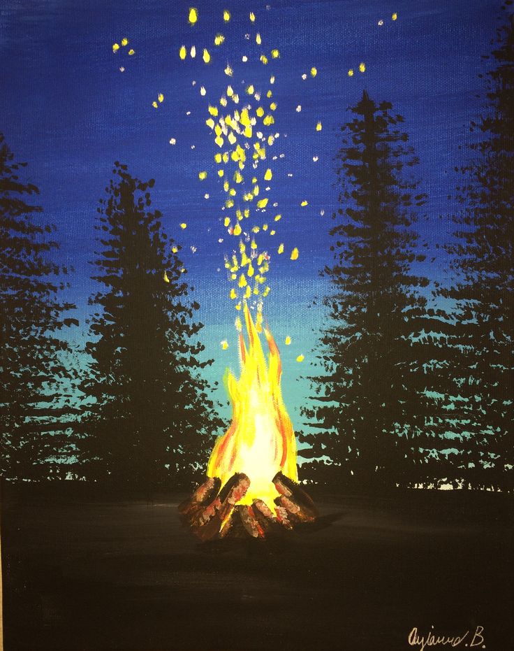 a painting of a campfire with lots of yellow lights coming out of the fire