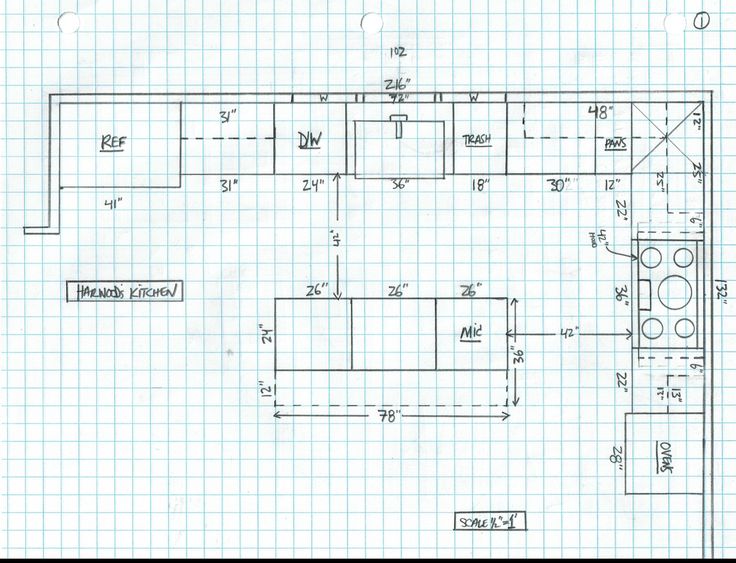 a drawing of a kitchen with the floor plan drawn out and measurements in front of it