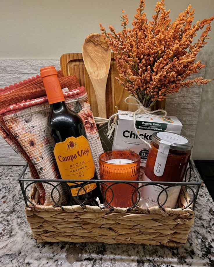 a basket filled with condiments and spices