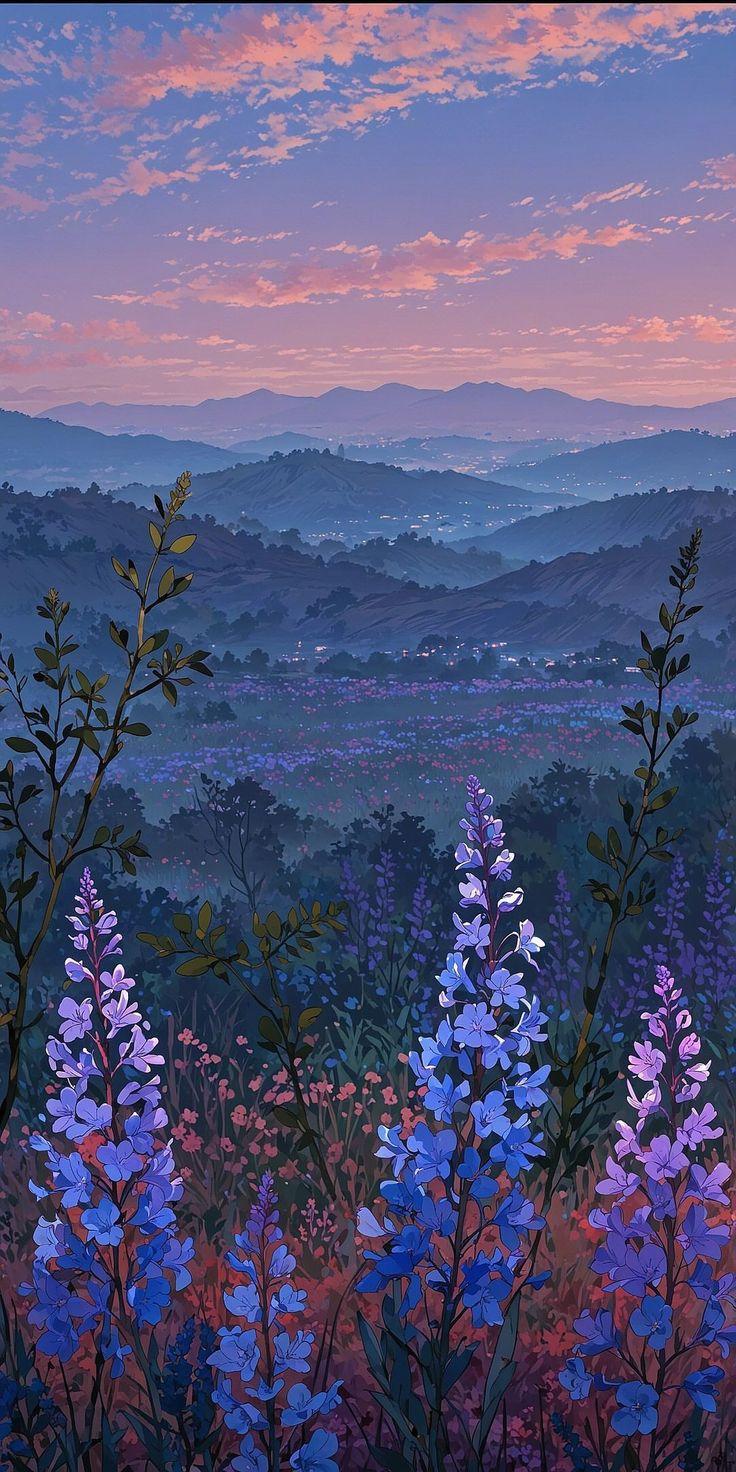 a painting of purple and blue flowers in the foreground with mountains in the background