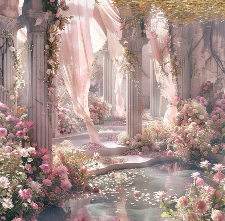 a beautiful garden with pink flowers and white arches over the water in front of it