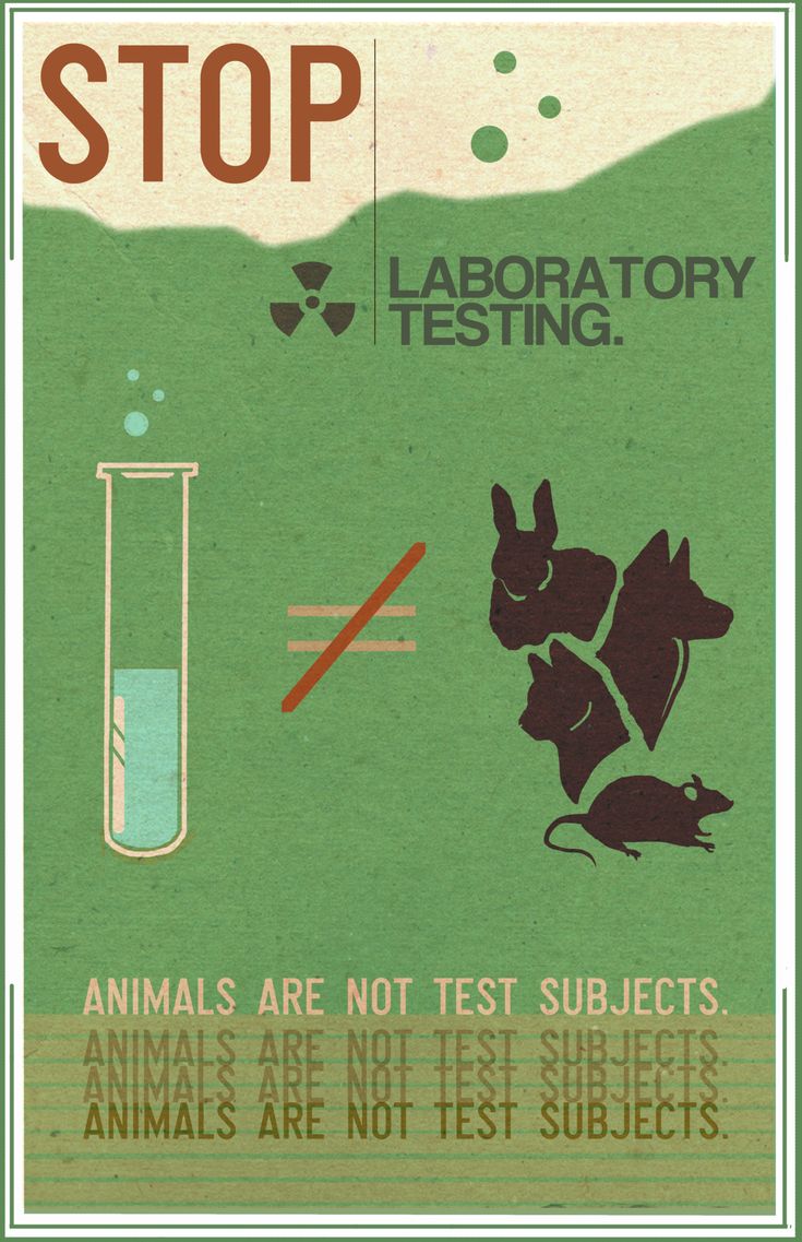 an animal testing poster is shown with animals in the test tube and on the ground