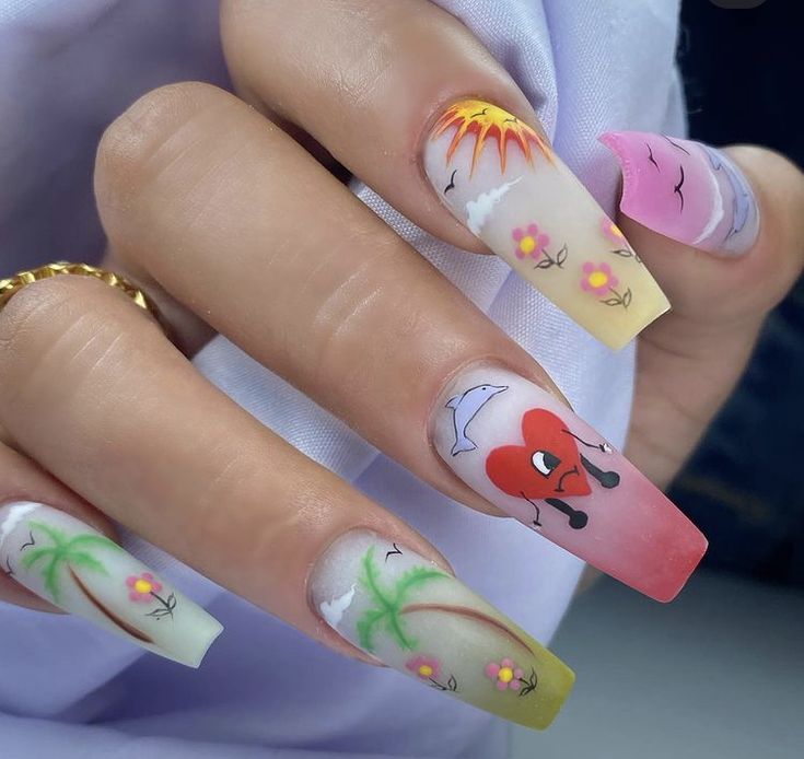 Bad Bunny Halloween Nails, Karol G Nails Design Mañana Sera Bonito, Bad Bunny Nail Ideas, Bad Bunny Nails, Easter Nails Ideas, Beige Nails Design, Almond Shaped Nails Designs, Beach Nail Art, Nails Art Designs