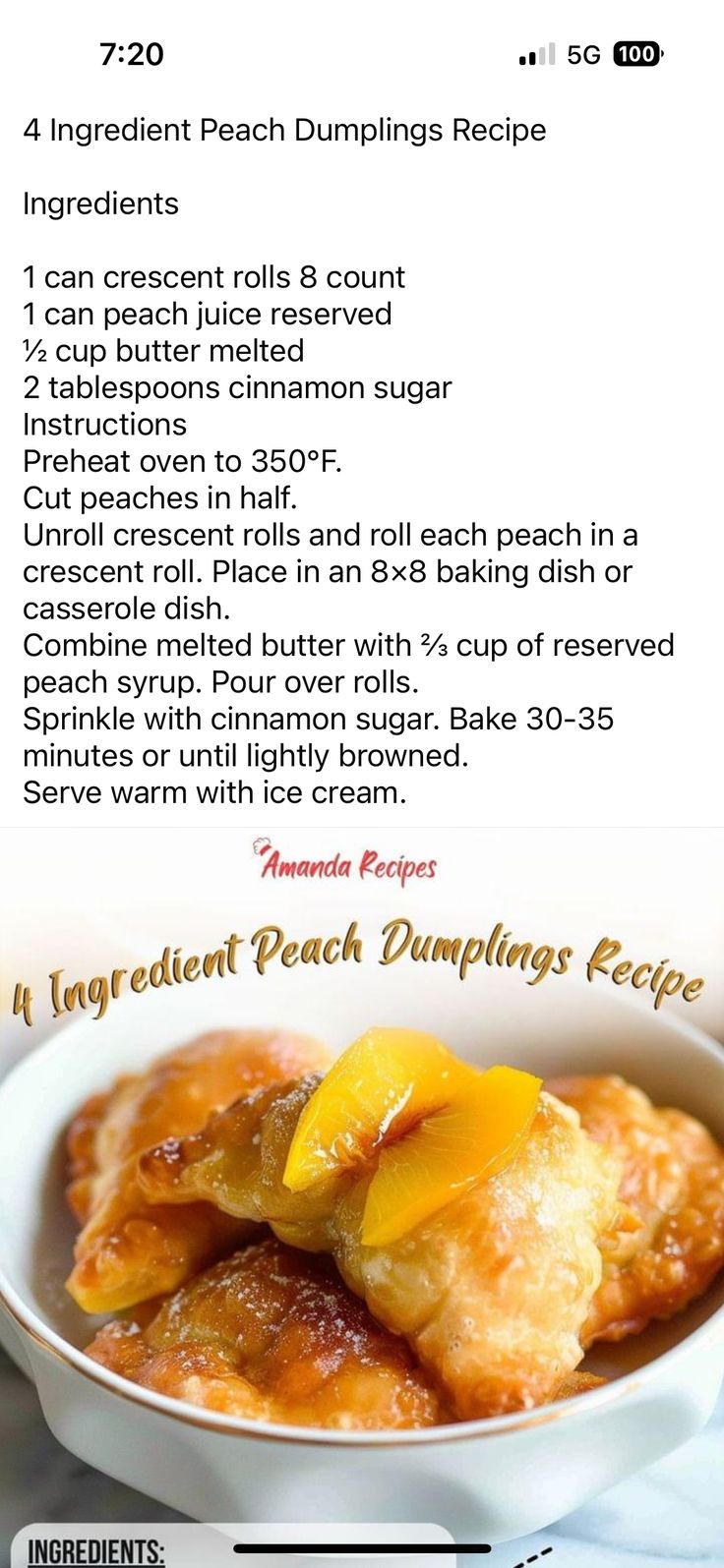 the recipe for peach dumplings is shown in this image, and it contains information about how to make them