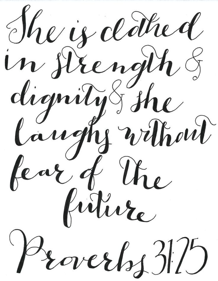 a handwritten bible verse with the words she is clothed in strength, delight and glory