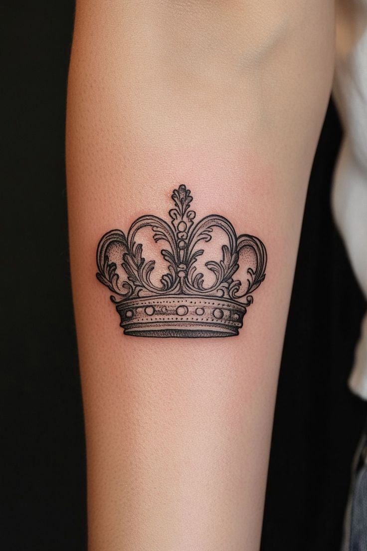 Crown tattoo with intricate details on a person's forearm. Queen Tattoo For Women, Crown Tattoo Ideas, Simple Crown Tattoo, Wrist Tats, Royal Tattoo, Victoria Tattoo, Tiara Tattoo, Crown Tattoos For Women, Queen Crown Tattoo