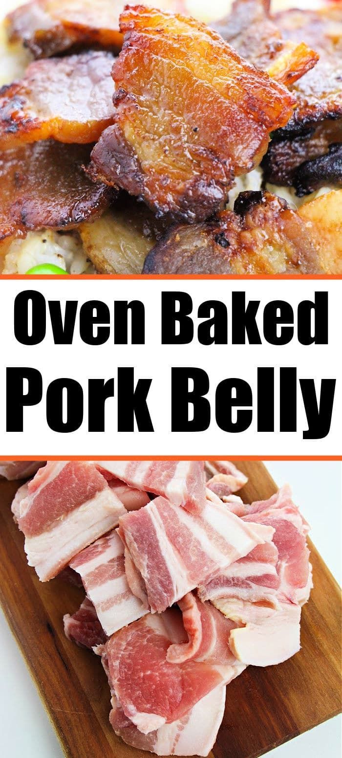 oven baked pork belly recipe with text overlay