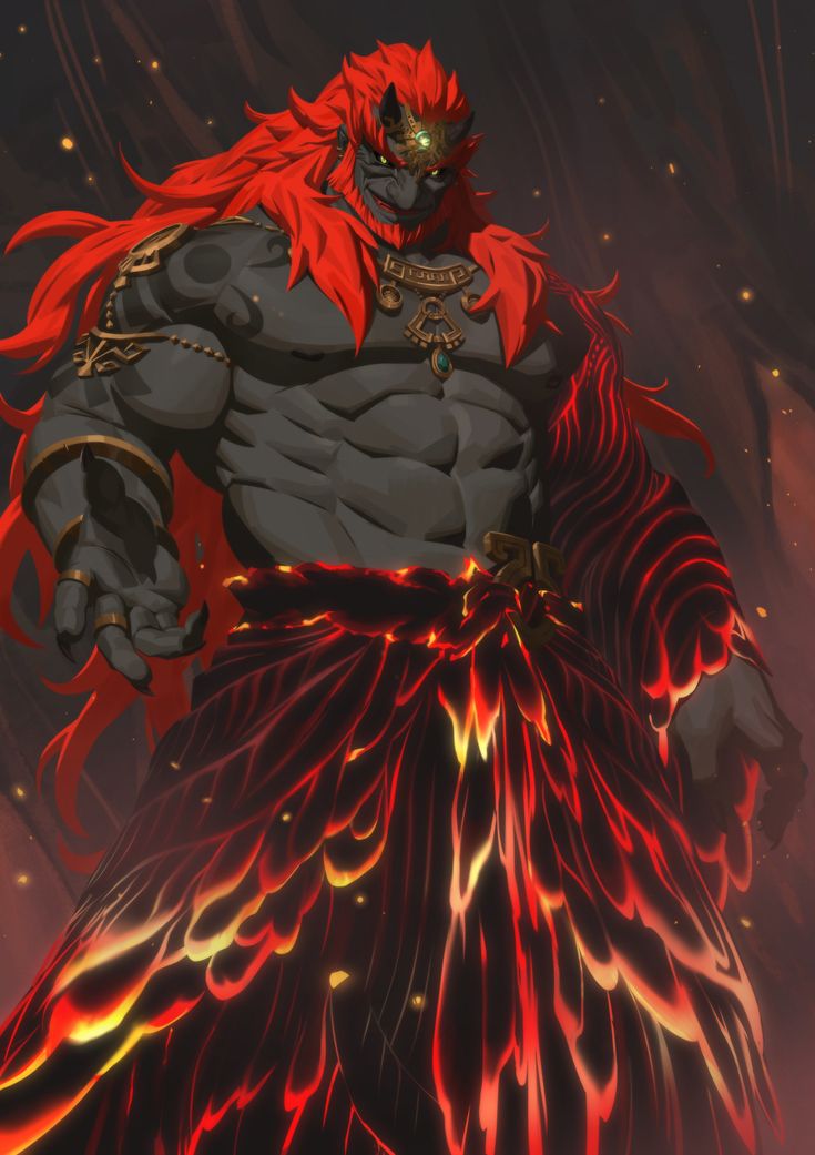 a man with red hair and an evil look on his face, standing in front of flames