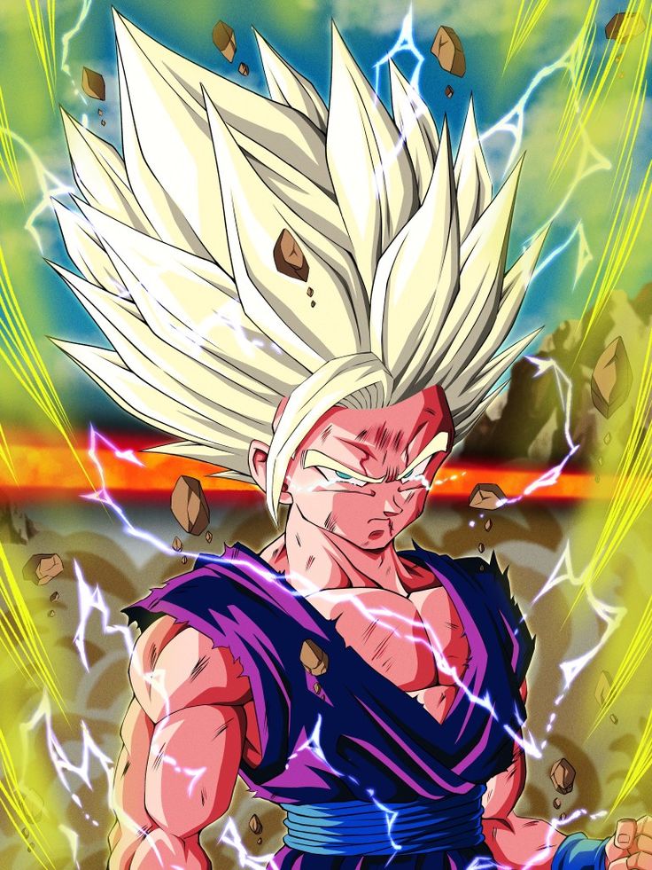 an image of the character gohan from dragon ball zokue, with lightning in the background