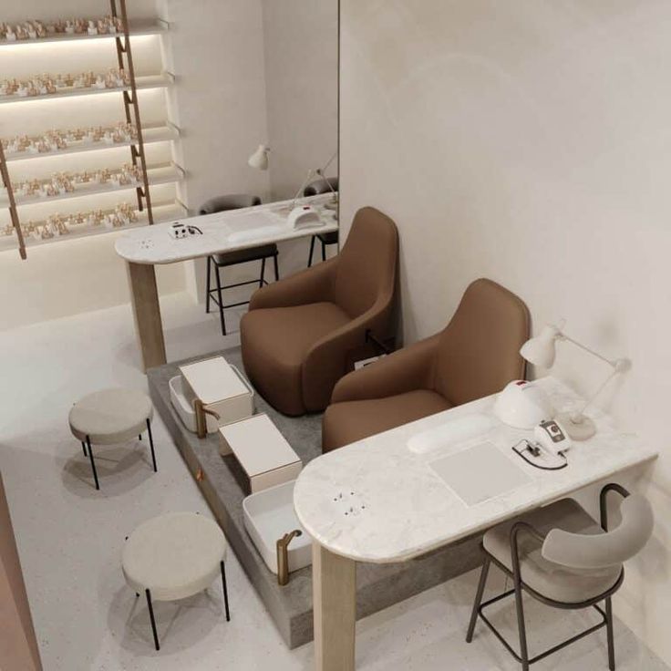 a room with chairs, tables and stools on the floor next to each other