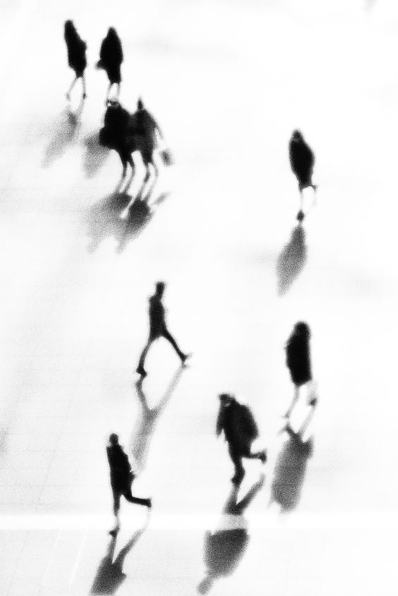 black and white photograph of people walking down the street with their shadows on the ground