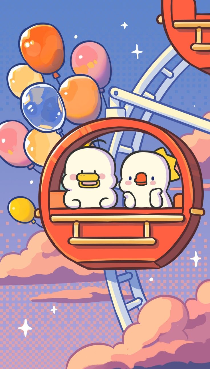 two cats are sitting on a ferris wheel with balloons in the sky and stars above them