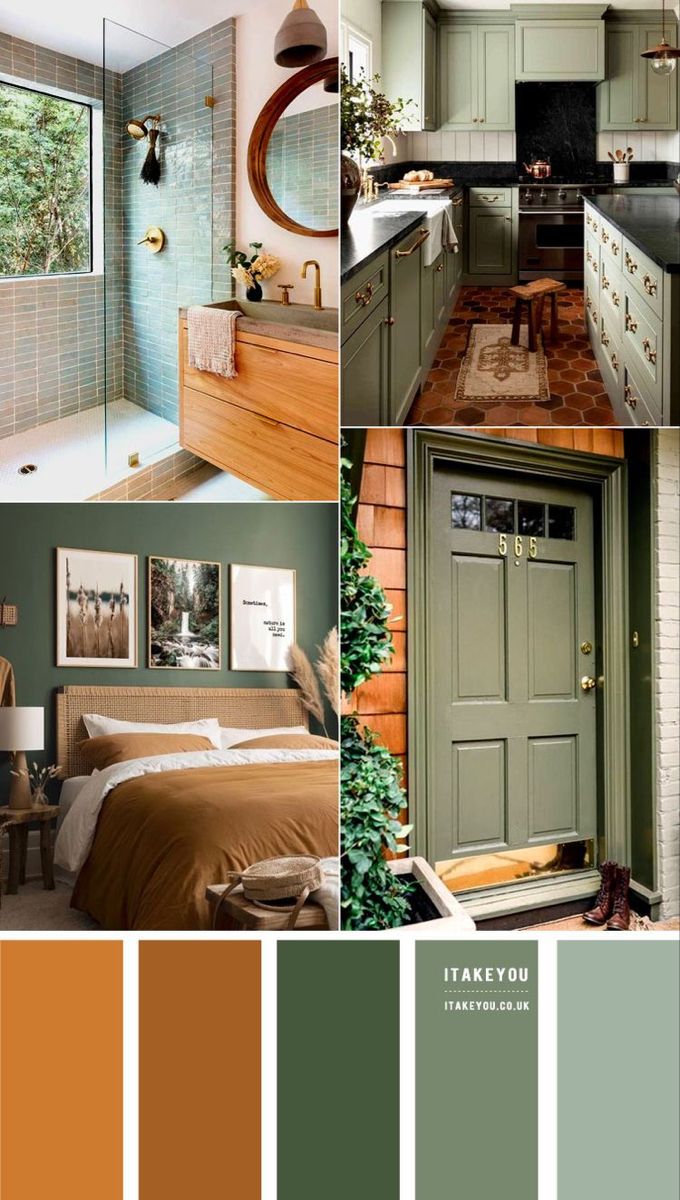 a collage of green and brown colors in the kitchen, bedroom, living room