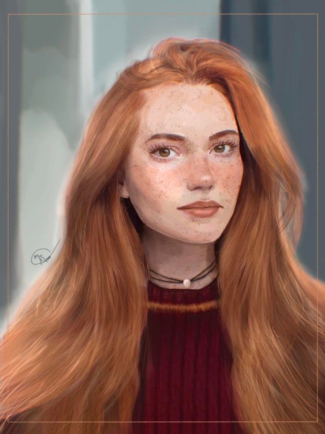 a painting of a girl with freckles on her face and long red hair