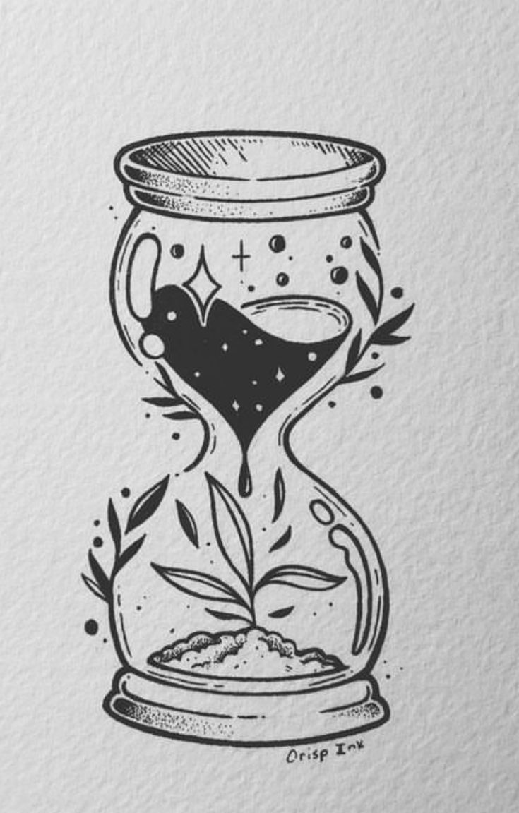 a drawing of an hourglass with plants inside