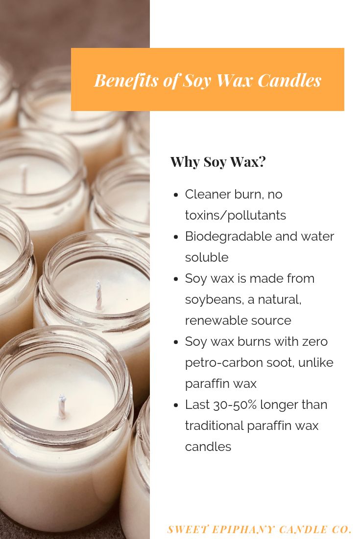 many candles are lined up in rows with the words benefits of soy wax candles on them