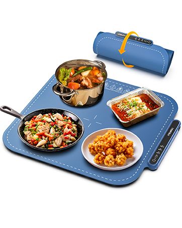 a blue tray with food and utensils on it