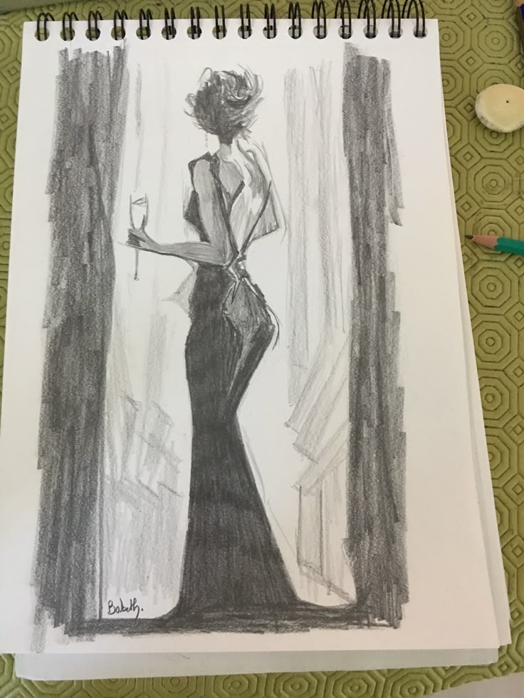 a drawing of a woman in a long dress holding a wine glass and looking out the window