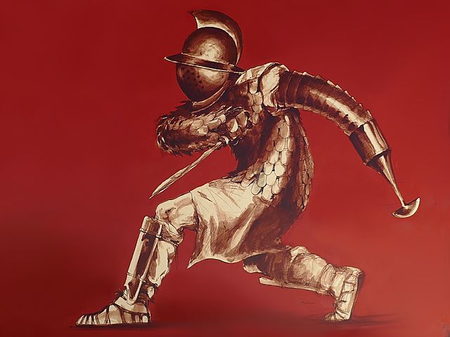 a painting of a man in armor holding a bow and arrow on a red background