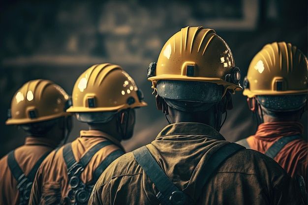 several construction workers wearing hard hats and vests looking at something in the distance on a dark background