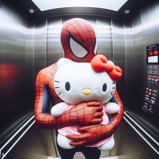 a hello kitty character is hugging a spiderman stuffed animal in an elevator with the caption hello kitty