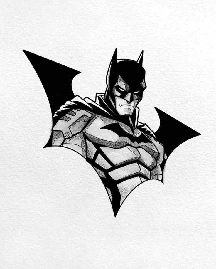 a drawing of batman in black and white with the bat symbol on it's chest