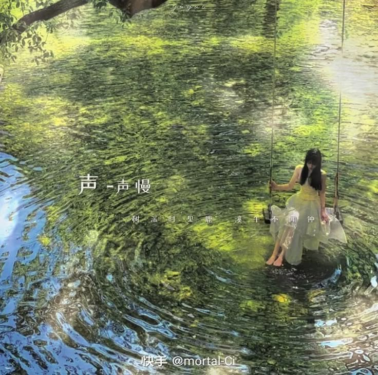 a woman sitting in the water holding a fishing pole and looking at something on the ground