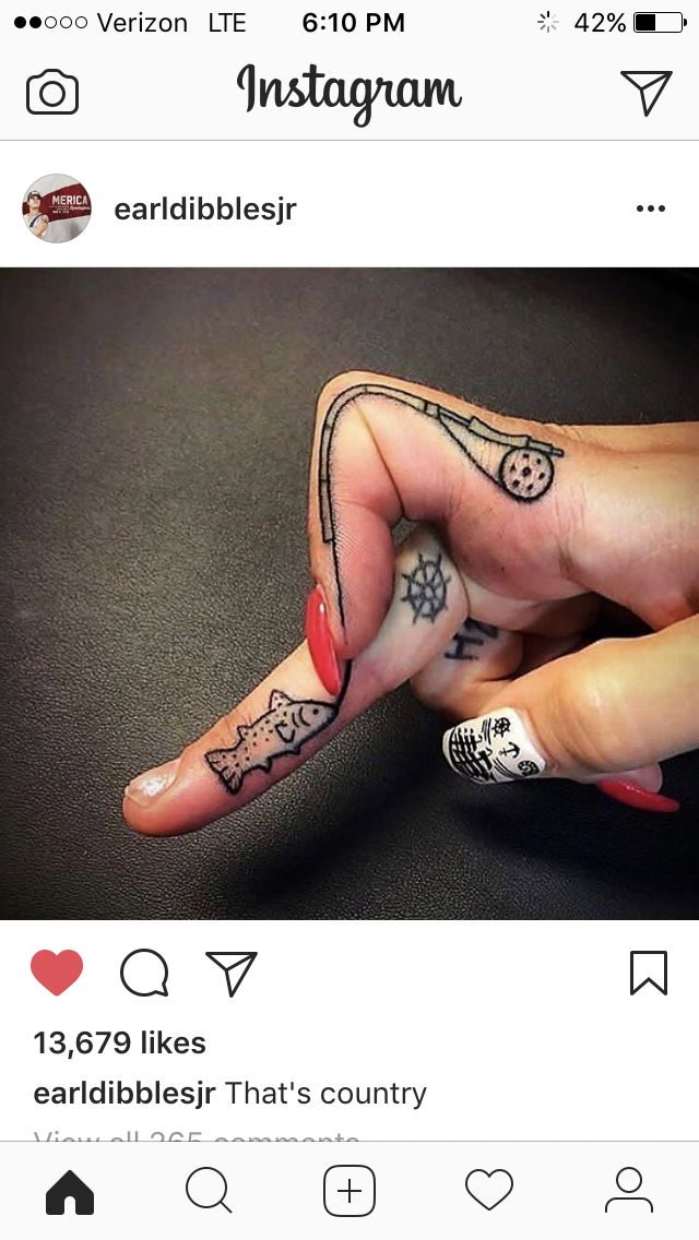 two fingers with tattoos on them, one is pointing at the camera and the other hand has