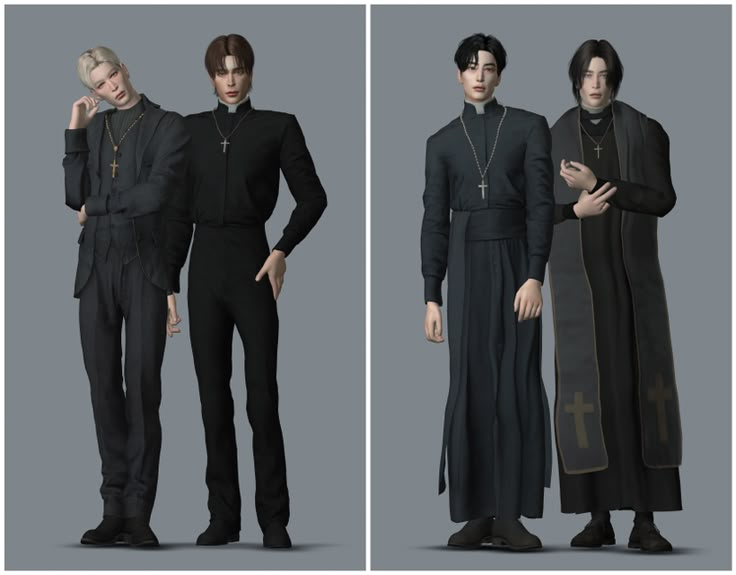 three 3d renderings of people in black clothing and one is wearing a long coat