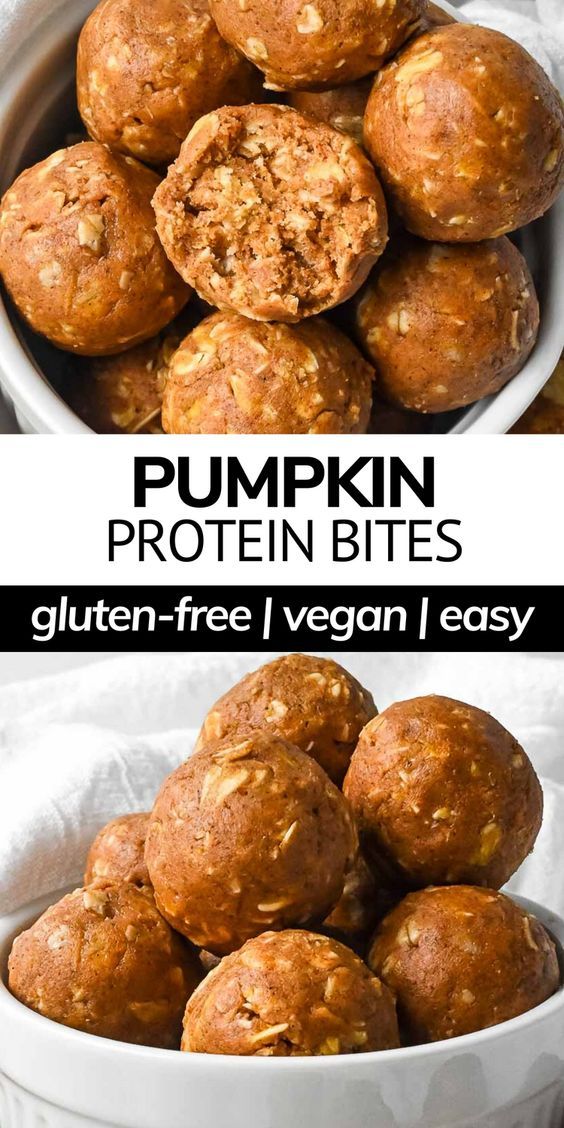 pumpkin protein bites in a white bowl with text overlay