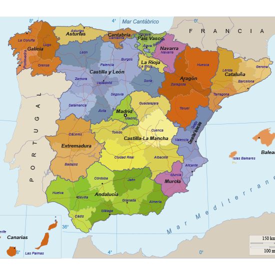 a map of spain with all the major cities and their departmentss in bright colors