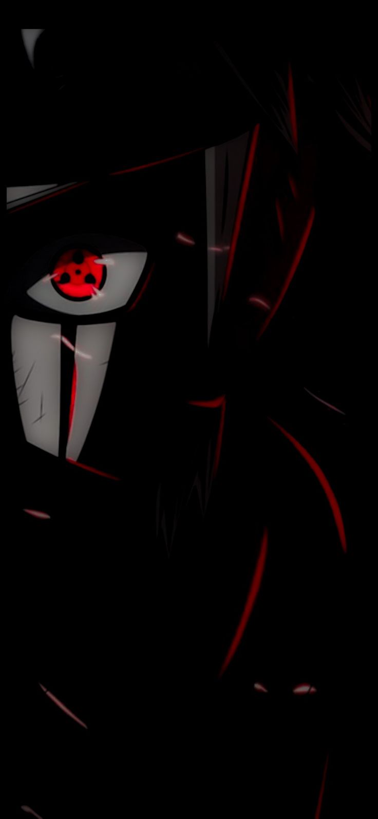 an anime character with red eyes in the dark