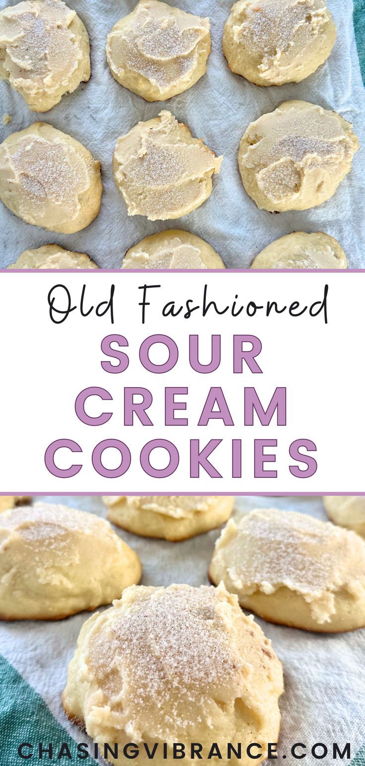 old fashioned sour cream cookies on a baking sheet with the words old fashioned sour cream cookies