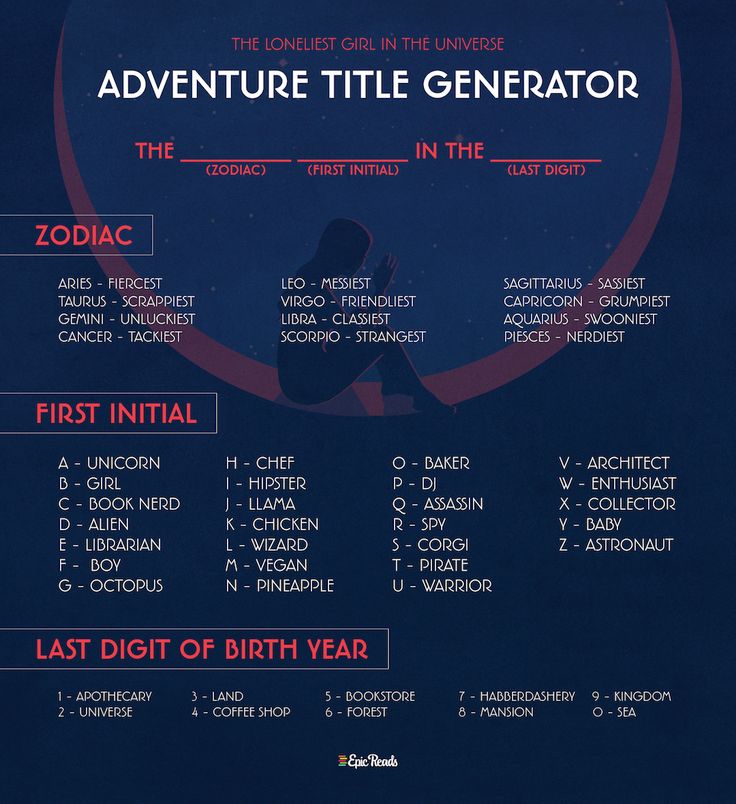 an advertisement for the adventure title generator, which is in red and blue with words below it