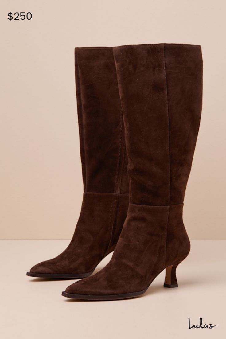 Exceptionally chic and versatile, there is no limit to the amount of trendy looks you'll create with the Dolce Vita Auggie Wide Calf Dark Brown Suede Pointed-Toe Knee-High Boots! Soft genuine suede leather shapes these essential fall boots that feature a classic pointed-toe upper that rises to a 15.75"" knee-high shaft with 16.5"" circumference. Elastic gusset and 16.5"" zipper at the instep. A cute sculpted heel completes the sophisticated design. 2. 5" sculpted heel. Lightly cushioned insole. Brown Heel Boots, Dark Brown Suede Boots, Brown Heeled Boots, Fall Boots, Brown Suede Boots, Boots Suede, Wide Calf Boots, No Limit, Wide Calf