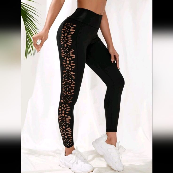 Laser-Precision Cut Out Patterned Design Leggings Wide Waistband 90% Polyester & 10% Elastane Very Stretchy Size: Medium Tags: Casual Streetwear Sporty Athleisure Athletic Yoga Pilates Active Outdoor Activities Gym Work Out Workouts Exercise Yoga Pilates Comfy Comfortable Fairy Core Fairycore Lounging Loungewear College Back To School Fall Autumn Winter Staple Shapewear Shapely Trendy Trending Cute 90s Y2k Statement Black Yoga Pants For Spring Gym Sessions, Black Yoga Pants For Gym And Spring, Black Yoga Pants For Gym In Spring, Spring Black Yoga Pants For Gym, Black Yoga Pants For Spring Workout, Elastic Black Leggings For Gym, Black Elastic Yoga Pants For Gym, Black Yoga Pants For Spring Sports, Black Yoga Pants For Sports