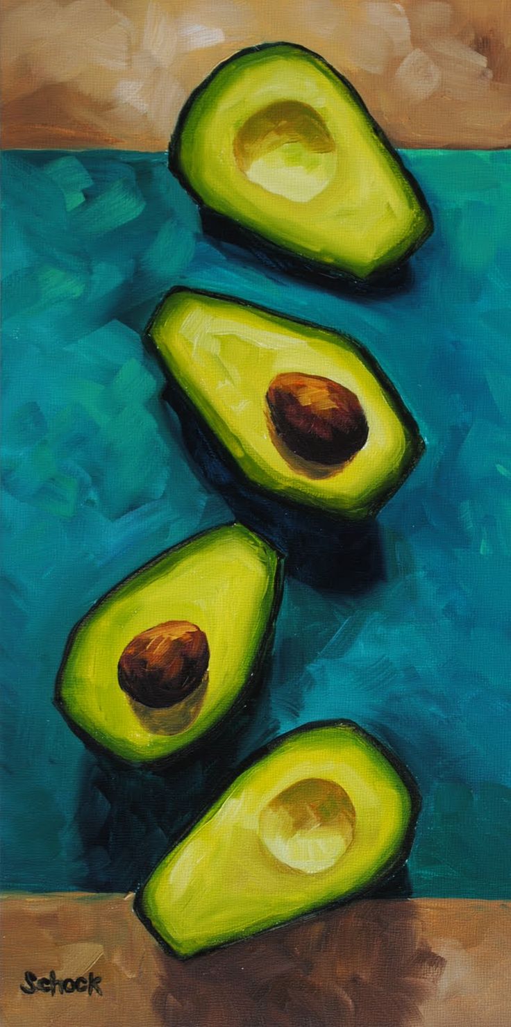 an acrylic painting of avocados on a blue surface