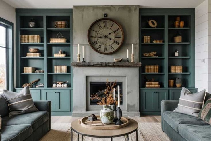 a living room filled with furniture and a large clock on the wall above a fireplace