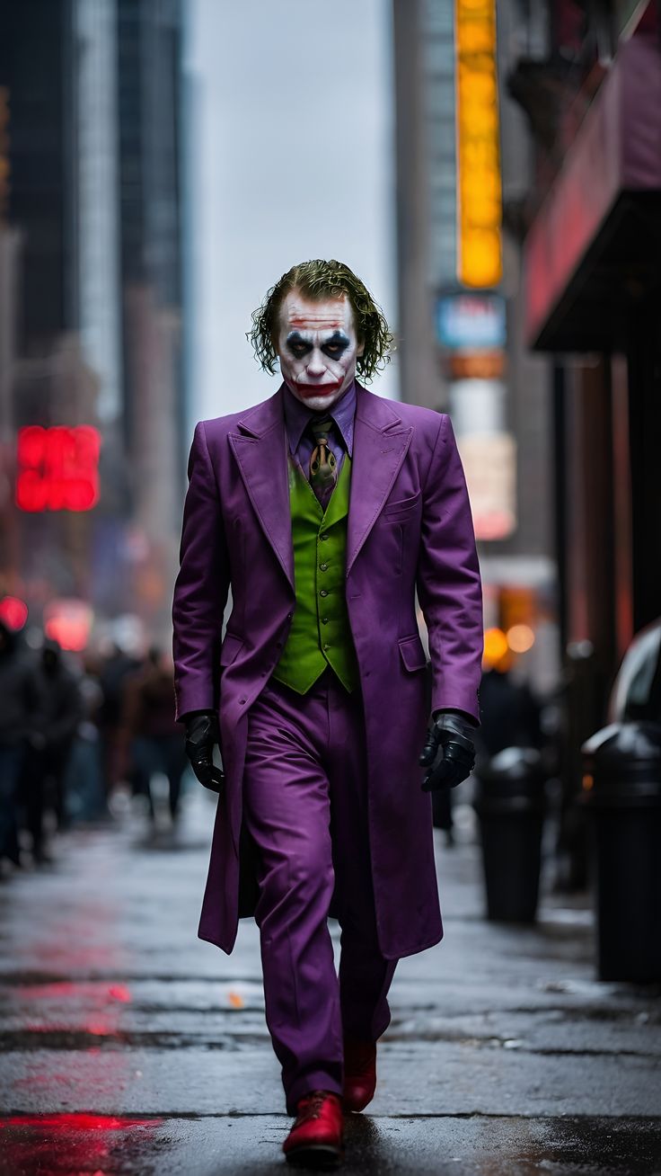 a man dressed as the joker walking down a street