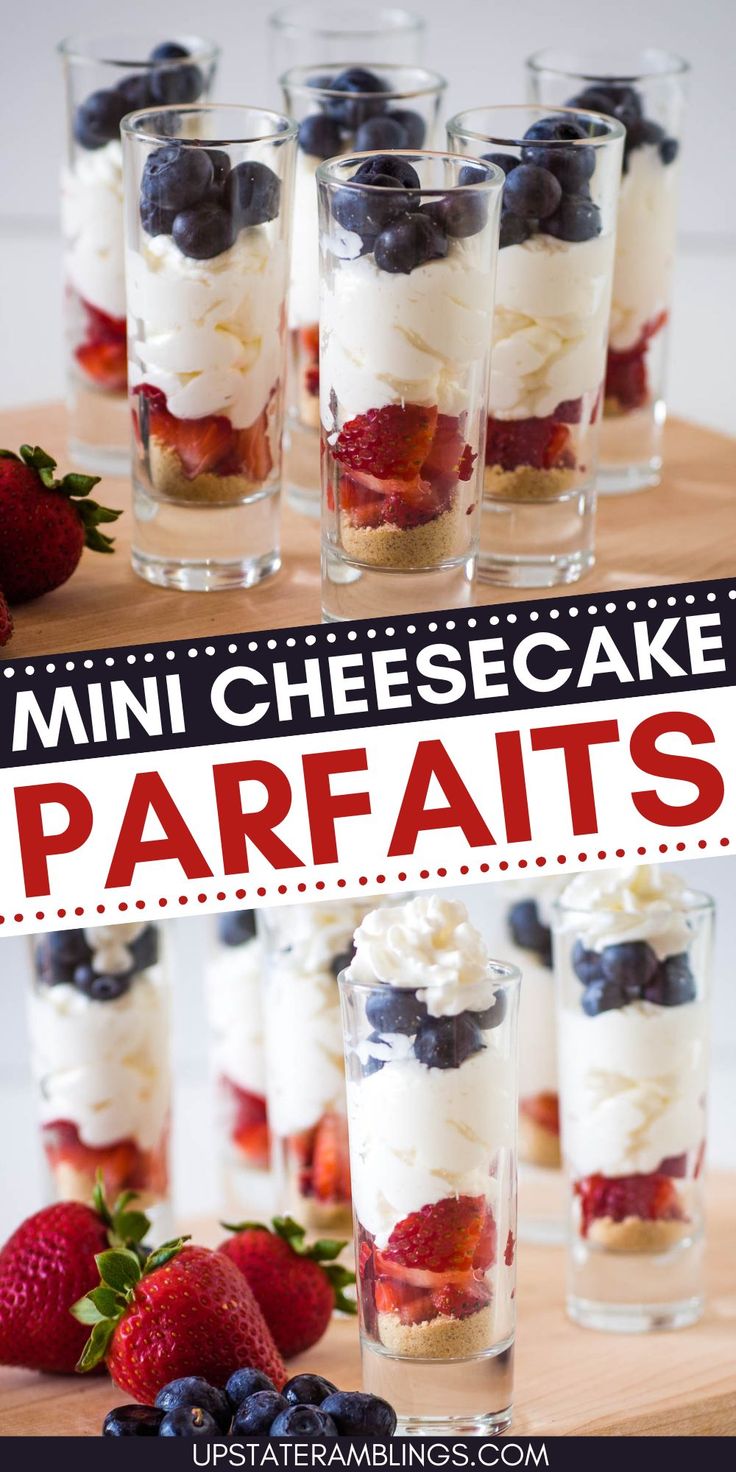 mini cheesecake parfaits with strawberries and blueberries in the foreground