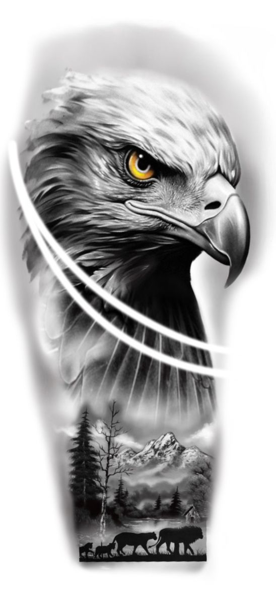 an eagle with yellow eyes is shown in this black and white tattoo art design on the arm