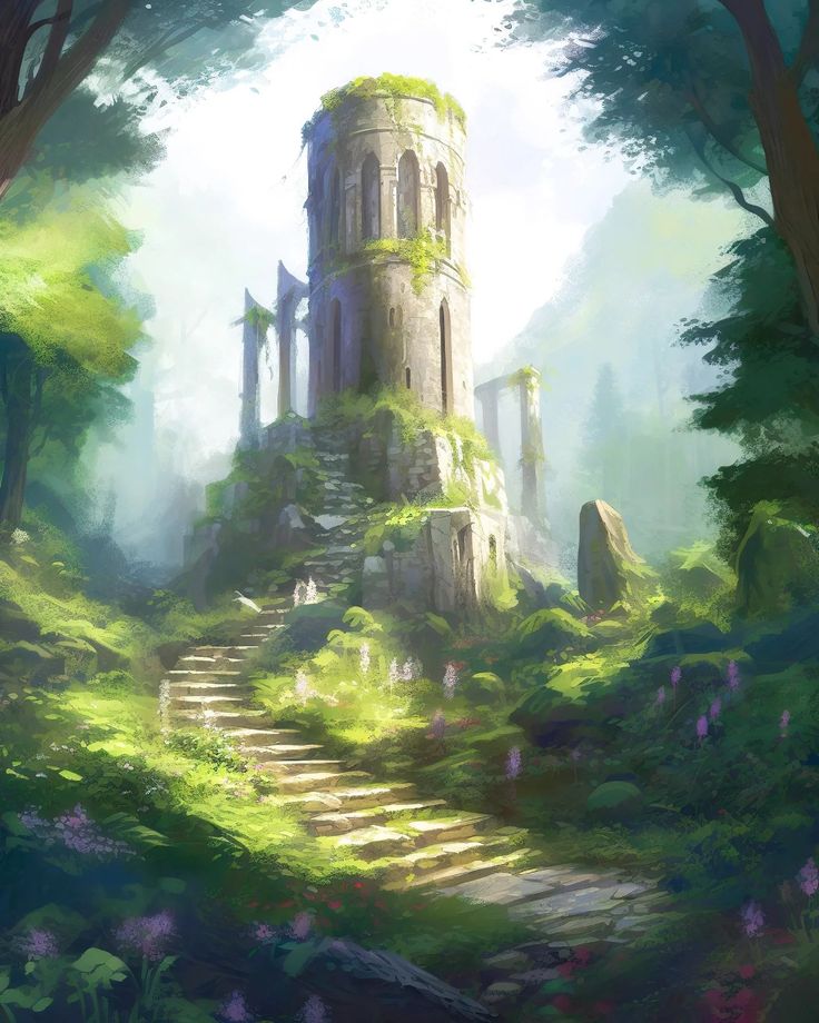 a painting of a tower in the middle of a forest with stairs leading up to it