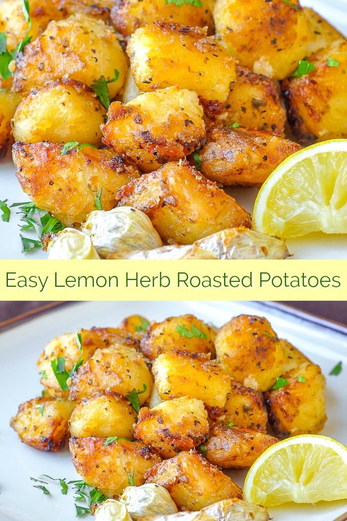 two pictures of lemon herb roasted potatoes on a white plate