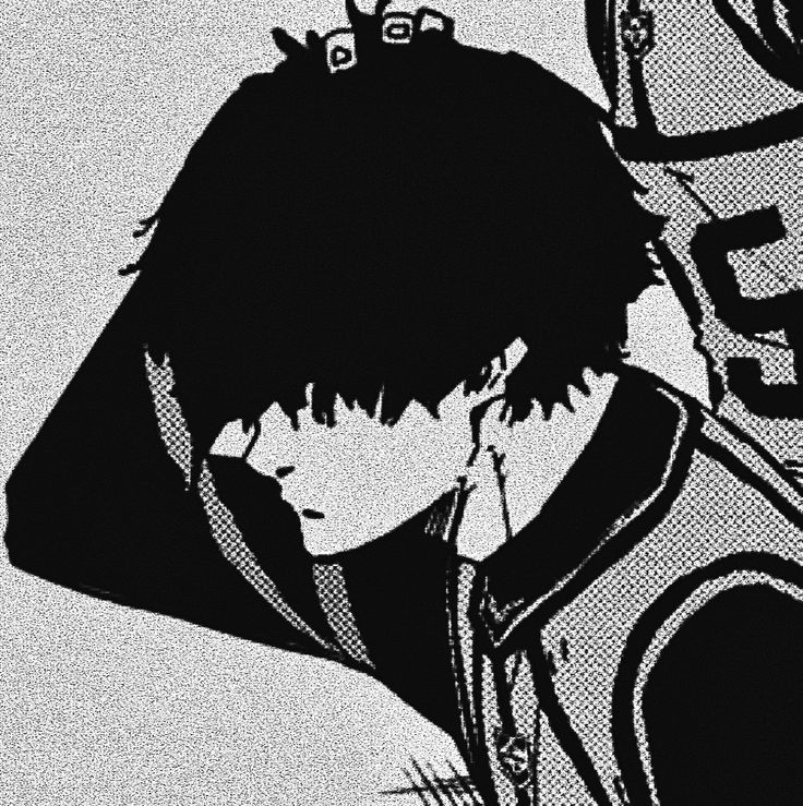 a black and white photo of an anime character with short hair, wearing a hoodie