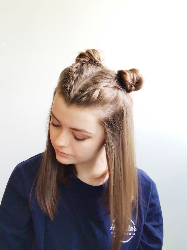 cute braid space buns Space Buns With Braids Half Up, Cute Braided Bun Hairstyles, Braid Space Buns Half Up, Hairstyles Space Buns Half Up, Mini Space Buns Half Up, Half Up Space Buns Long Hair, Space Buns With Added Hair, Space Buns Scrunchie, Bun Hairstyles For Short Hair