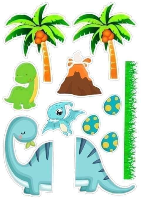 an image of dinosaur stickers with palm trees and volcano in the background on a white background