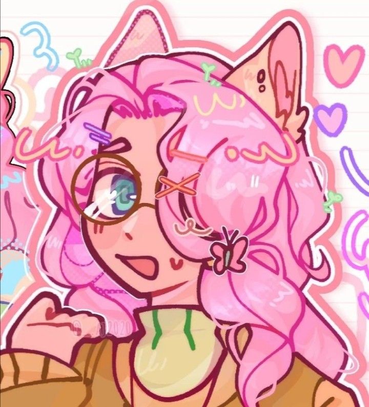 a drawing of a girl with pink hair wearing glasses and a cat ears on her head