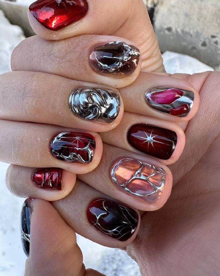 Nails Reaction Pic, Funky Short Nails Art Designs, Short Crazy Nails, Nails Alternative Style, Alt Christmas Nails, Red Short Nails Design, Ugly Nails Weird, Nonbinary Nails, Short Funky Nail Designs