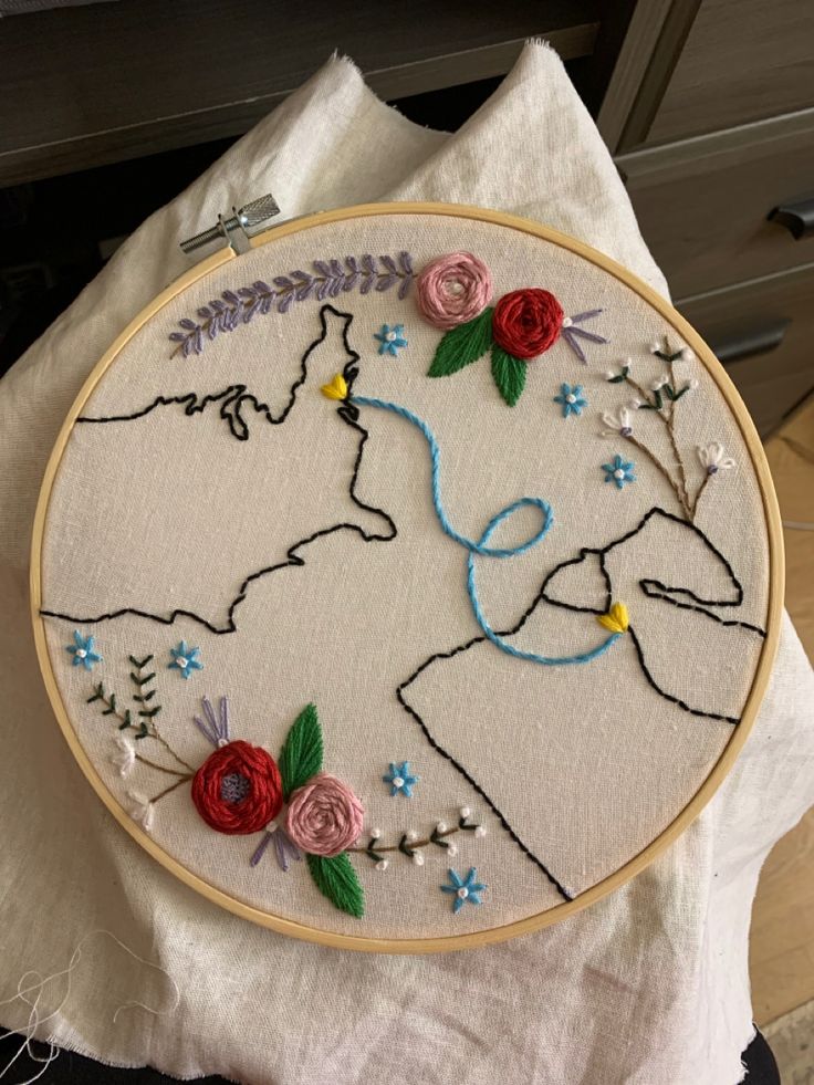 the embroidery is being worked on by someone