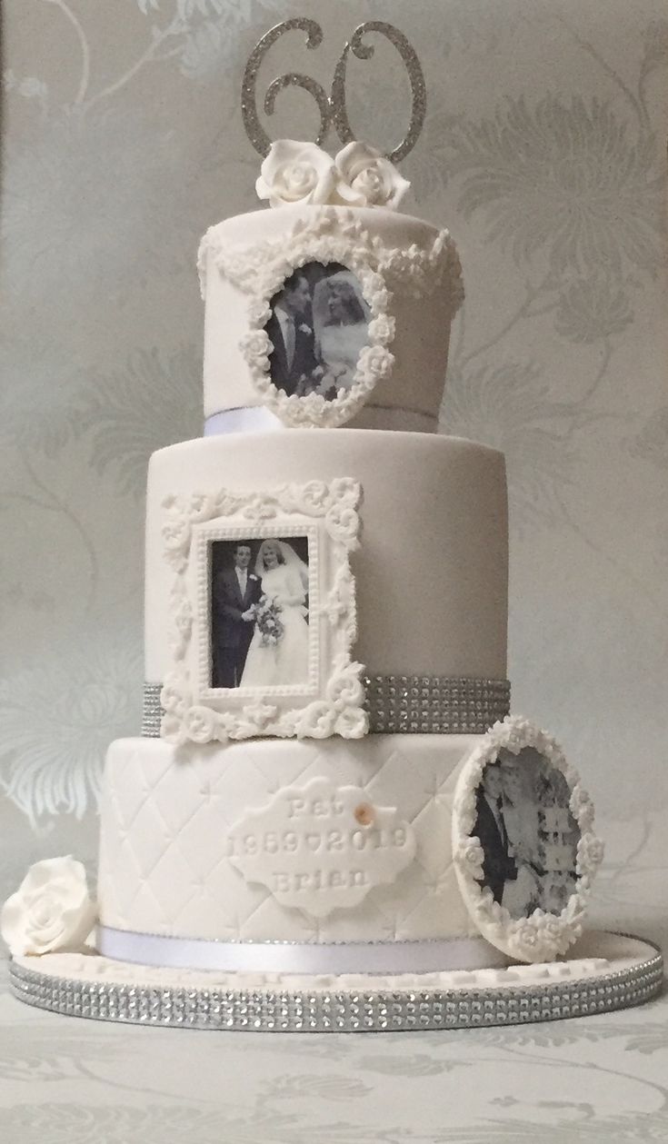 a wedding cake with two pictures on it